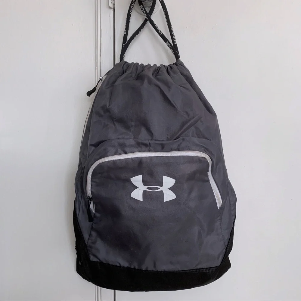 Under Armour Drawstring Bag Gym Gray White Workout Backpack Daypack School Y2K